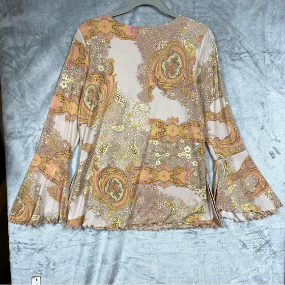 INC International Concepts Retro Floral Boho Print Bell Sleeve Size L Cream - Picture 7 of 9